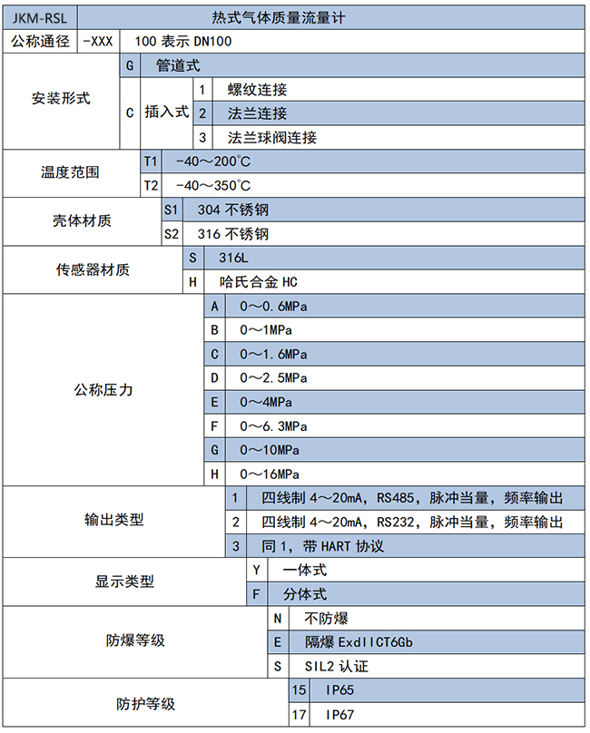 煤氣熱式氣體質(zhì)量流量計選項表